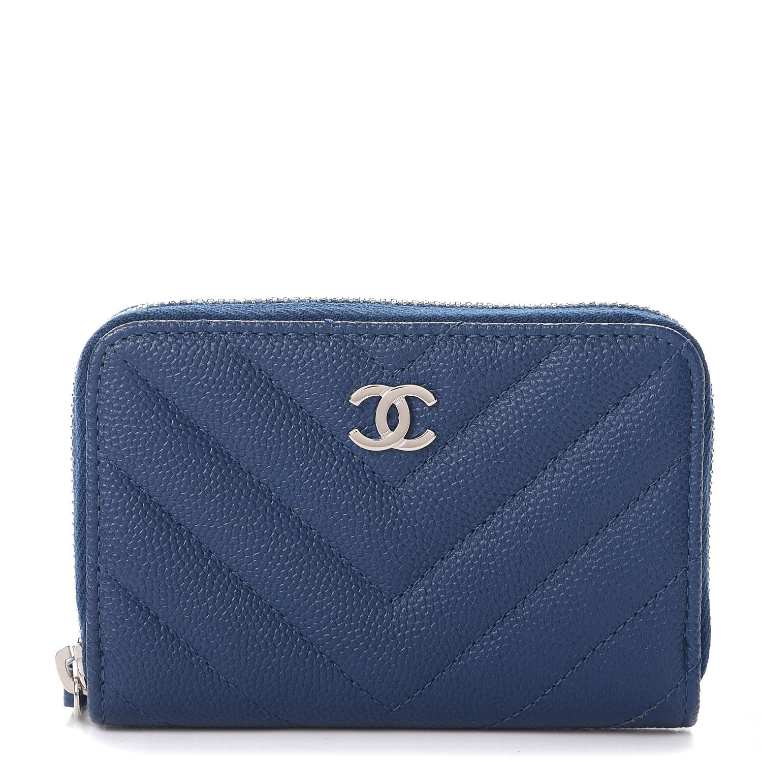Chanel Caviar Chevron Quilted Zip Coin Purse Navy 1 of 8