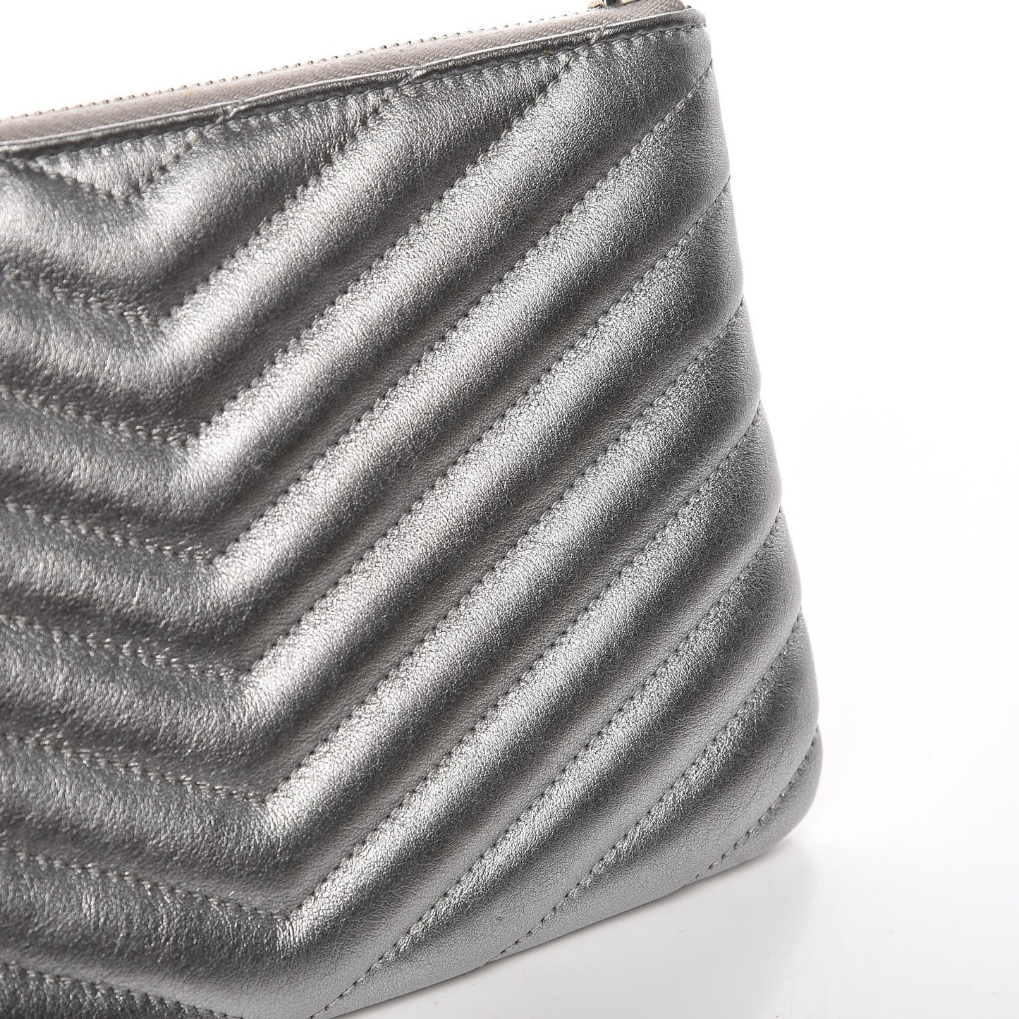 Metallic Calfskin Matelasse Chevron Monogram Pouch Silver