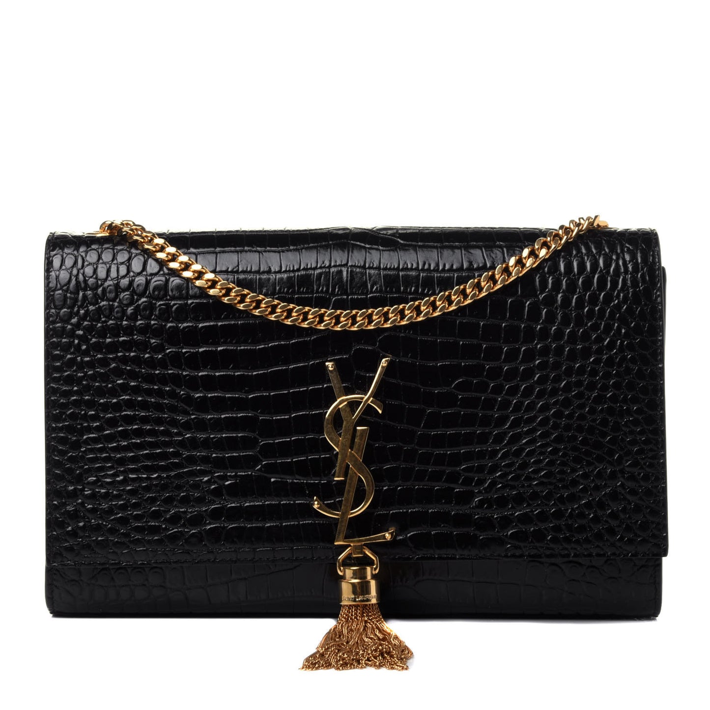 Calfskin Crocodile Embossed Medium Classic Monogram Kate Tassel Satchel Black