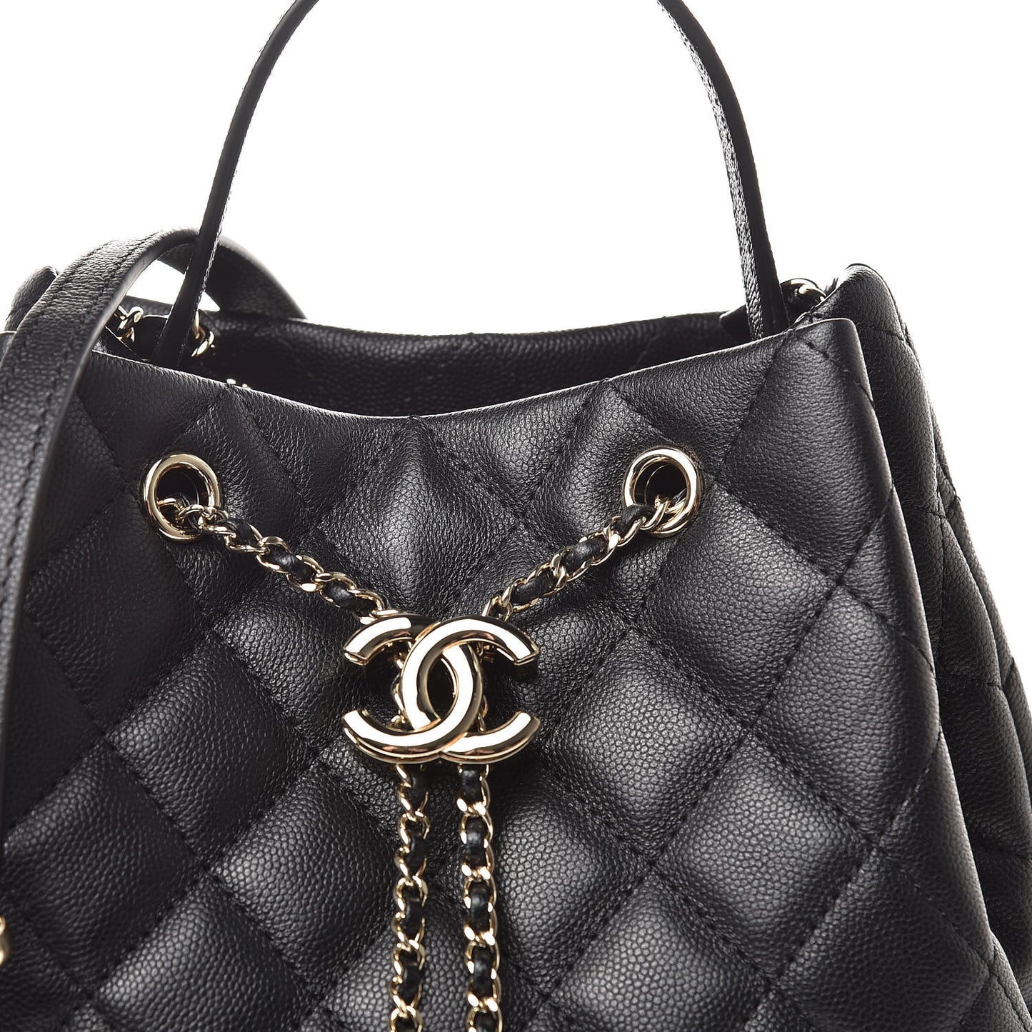 Caviar Quilted Large Rolled Up Bucket Drawstring Bag Black