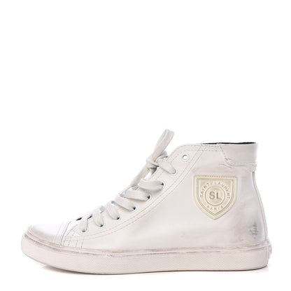 Saint Laurent Distressed Calfskin Bedford Logo-Appliqued Hightop Sneakers 38 White 1 of 12