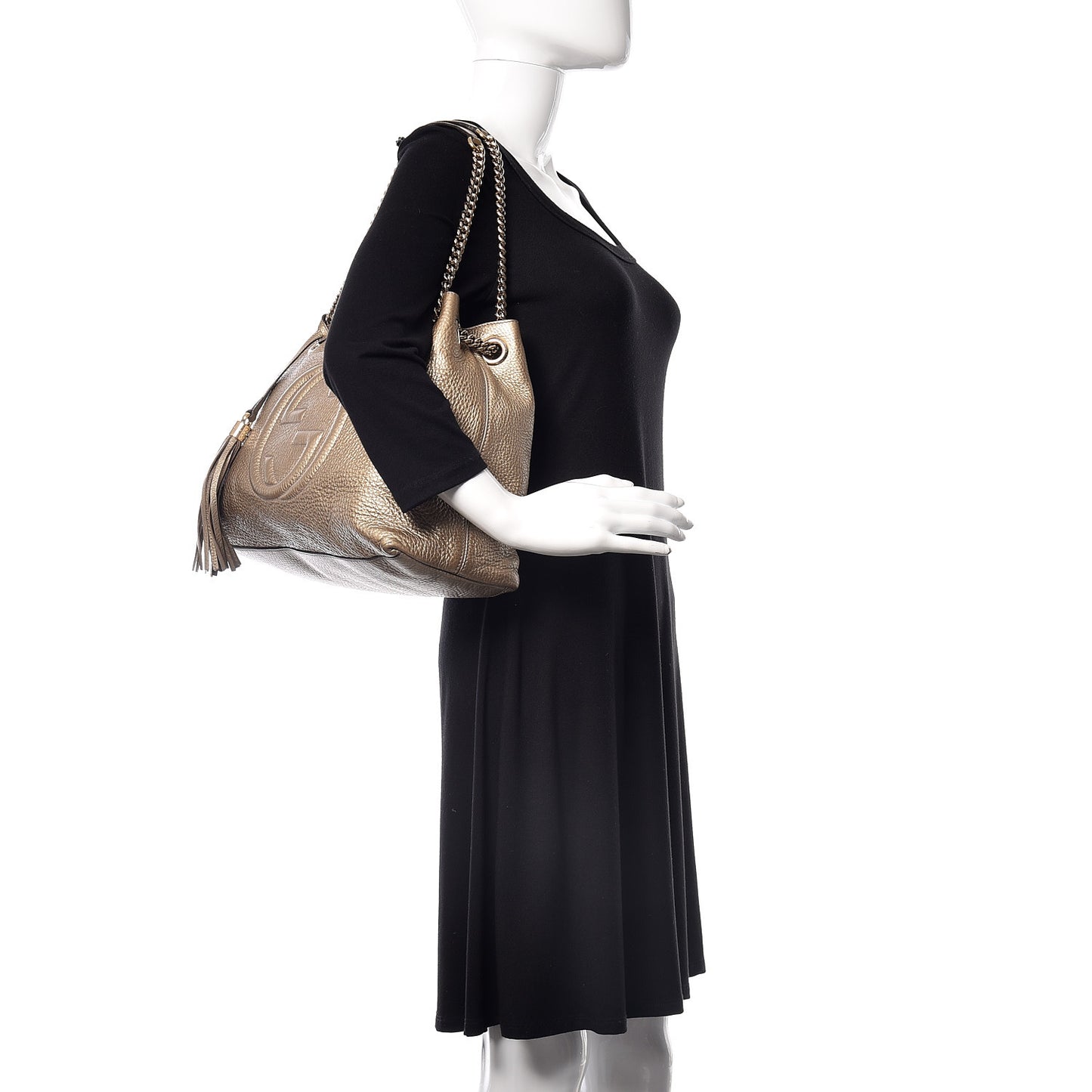 Metallic Pebbled Calfskin Medium Soho Chain Shoulder Bag Golden Beige