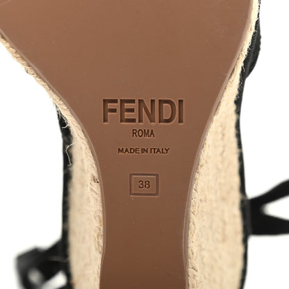 Fendi Canvas FF Embroidered Roma Ankle Wrap Espadrille Wedges 38 Black 7 of 7