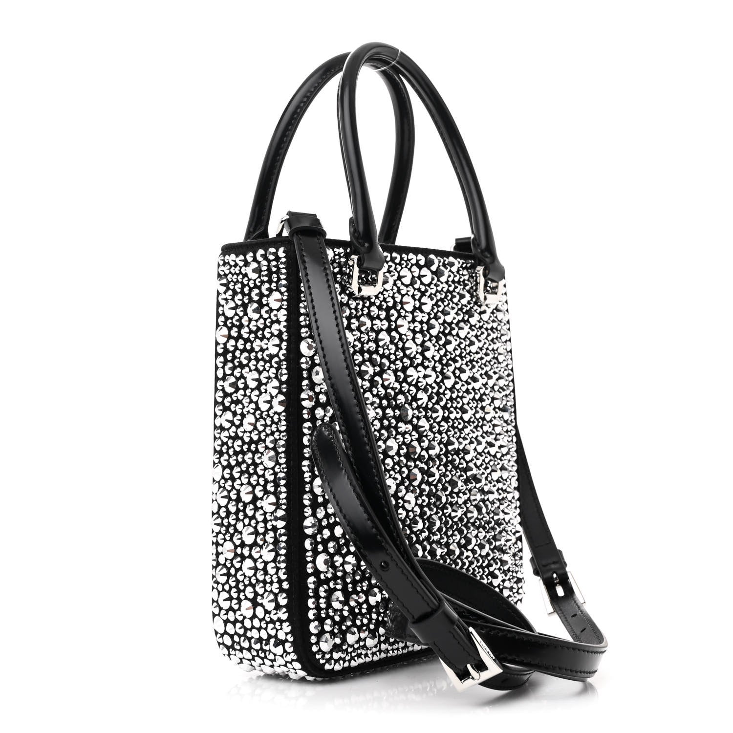 Prada Satin Crystal Metal Triangle Logo Small Double Handle Crossbody Tote Metal 3 of 11