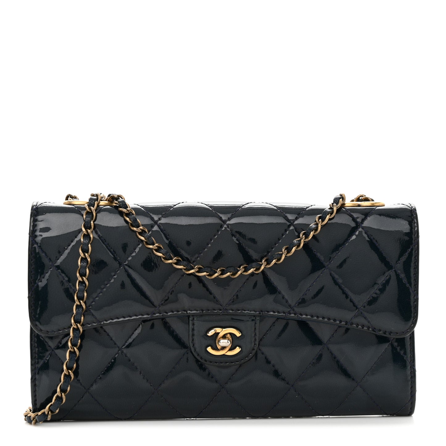 Patent Goatskin Quilted CC Eyelet Wallet On Chain Dark Blue