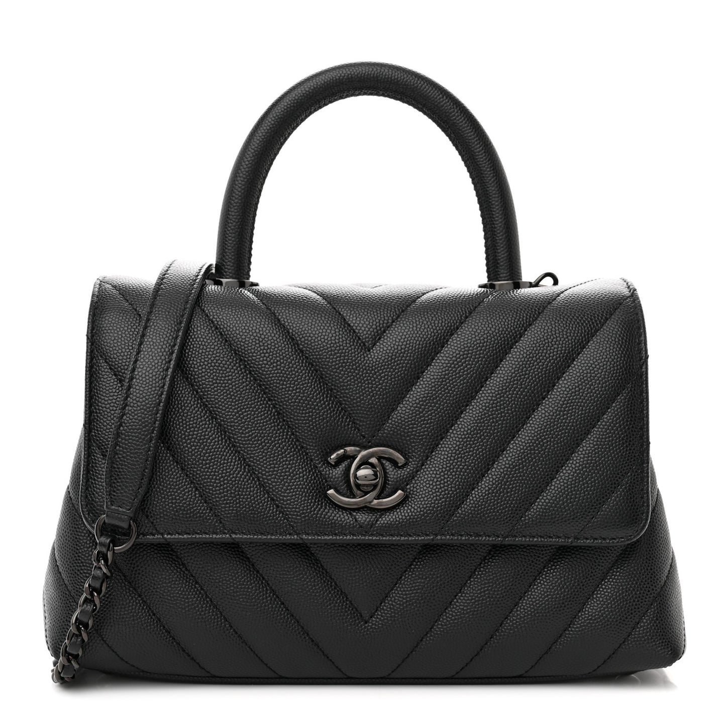 Caviar Chevron Quilted Mini Coco Handle Flap So Black