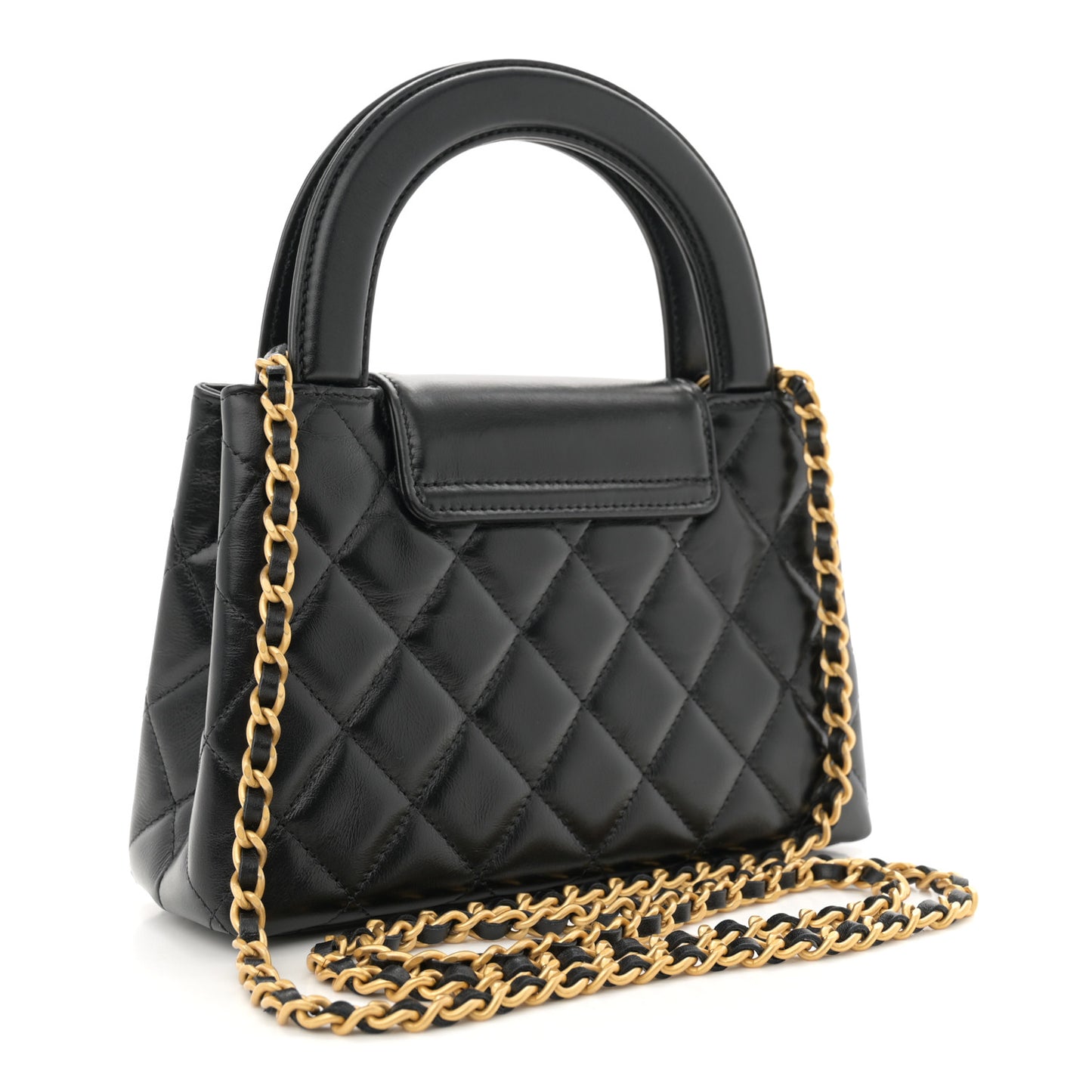 Shiny Aged Calfskin Quilted Nano Kelly Shopper Black