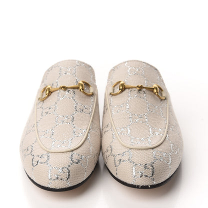 Gucci Canvas Lame GG Monogram Womens Princetown Slippers 38 Gardenia Silver 2 of 10