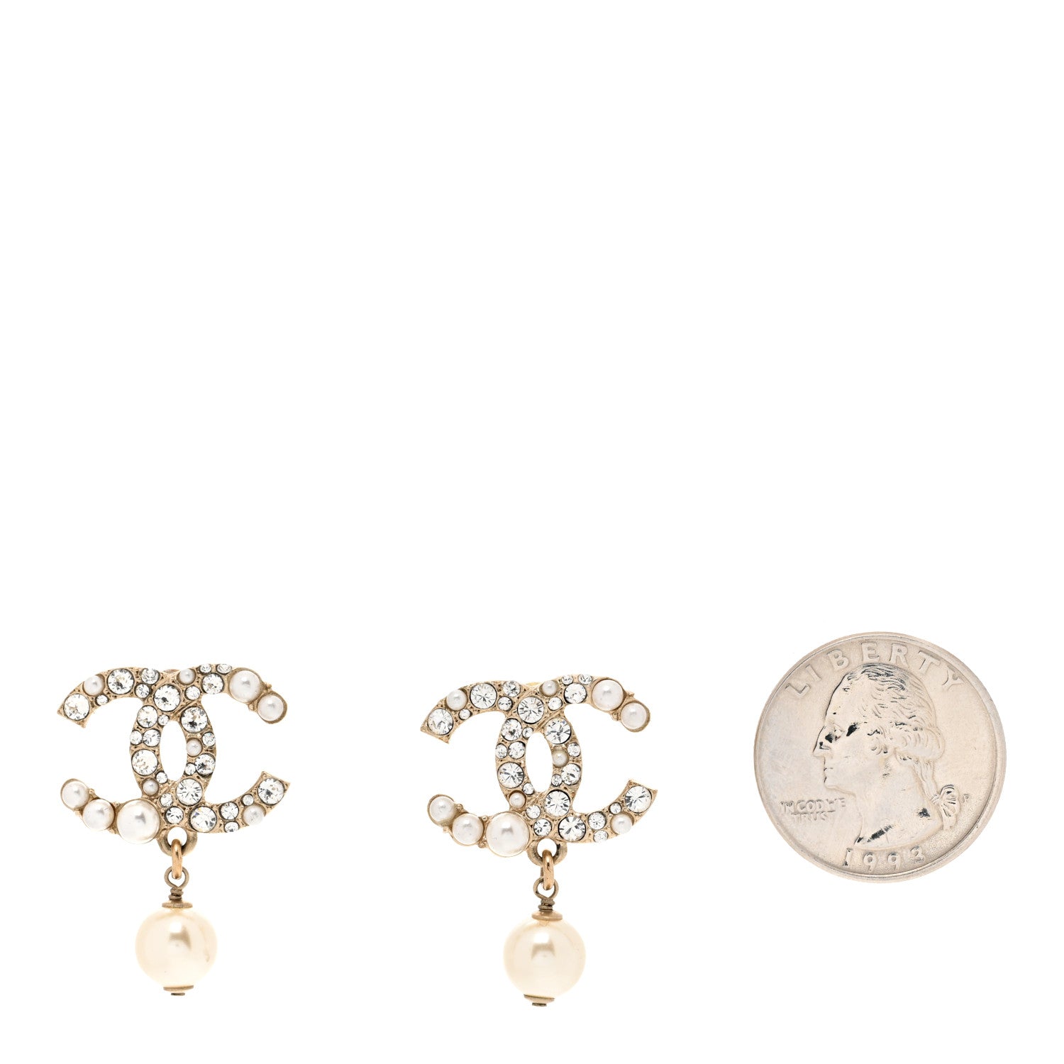 Chanel Crystal Pearl CC Drop Earrings Gold Pearly White 2 of 4