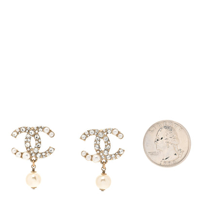 Chanel Crystal Pearl CC Drop Earrings Gold Pearly White 2 of 4