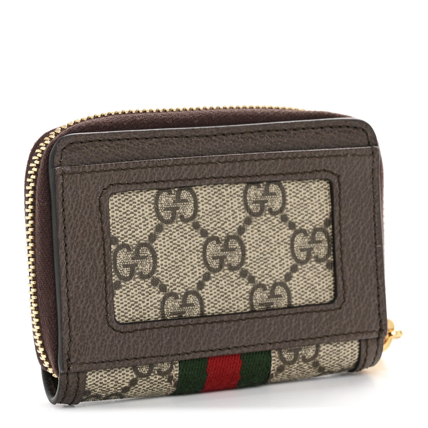 Gucci GG Supreme Monogram Textured Dollar Calfskin Web Ophidia Zip Around Card Case Wallet Beige Ebony New Acero 3 of 10