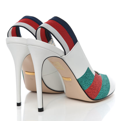 Gucci Calfskin Glitter Web High Heel Slingback Pumps 39 White 4 of 9