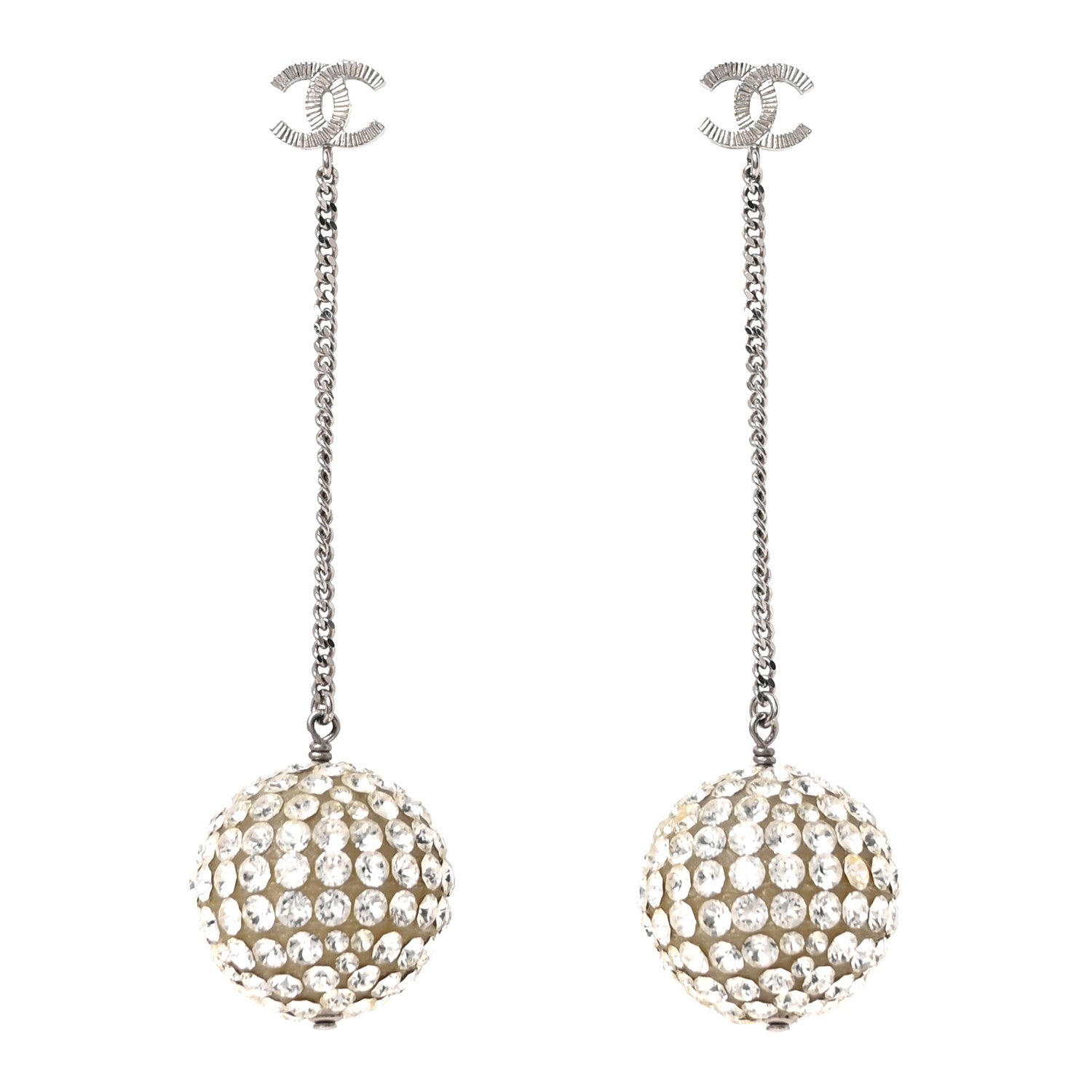 Chanel Crystal CC Ball Drop Earrings Silver 1 of 5