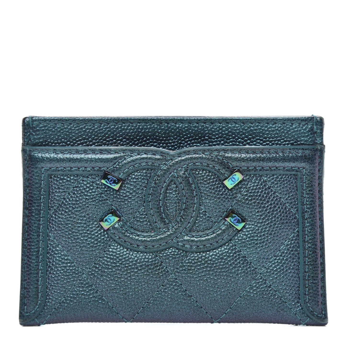 Iridescent Caviar Quilted Filigree Card Holder Dark Turquoise