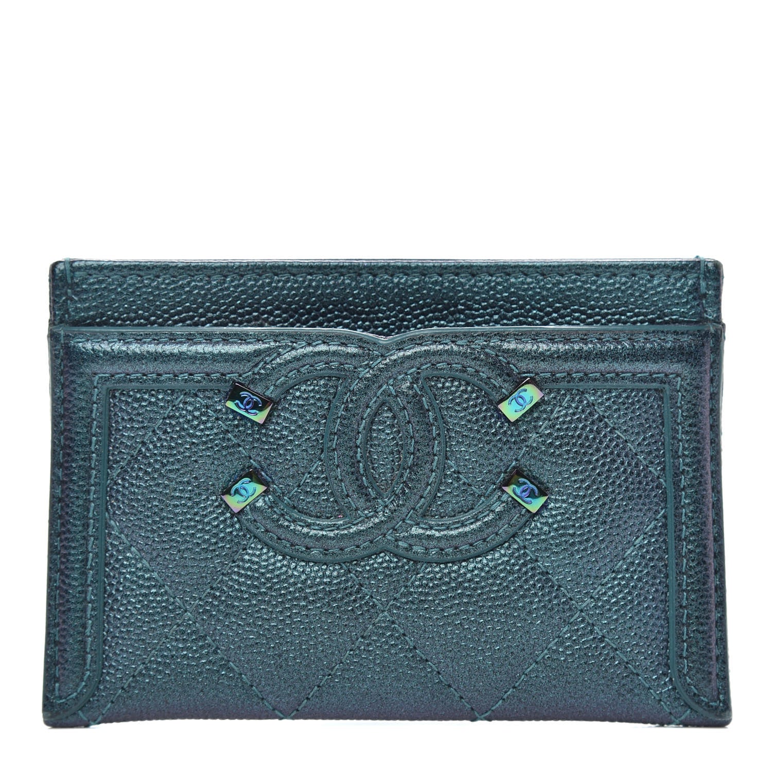 Chanel Iridescent Caviar Quilted Filigree Card Holder Dark Turquoise 1 of 9