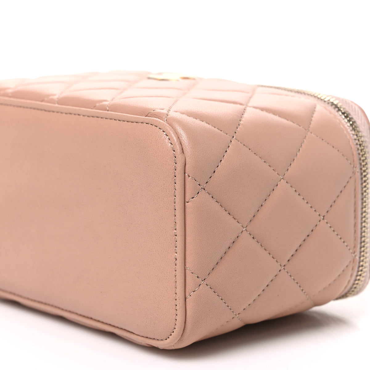 Lambskin Quilted Small Top Handle Vanity Case With Chain Beige