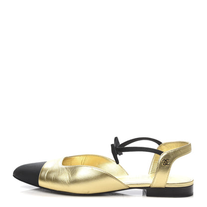 Chanel Laminated Lambskin Grosgrain Cap Toe Bow Flats 38.5 Gold Black 1 of 10