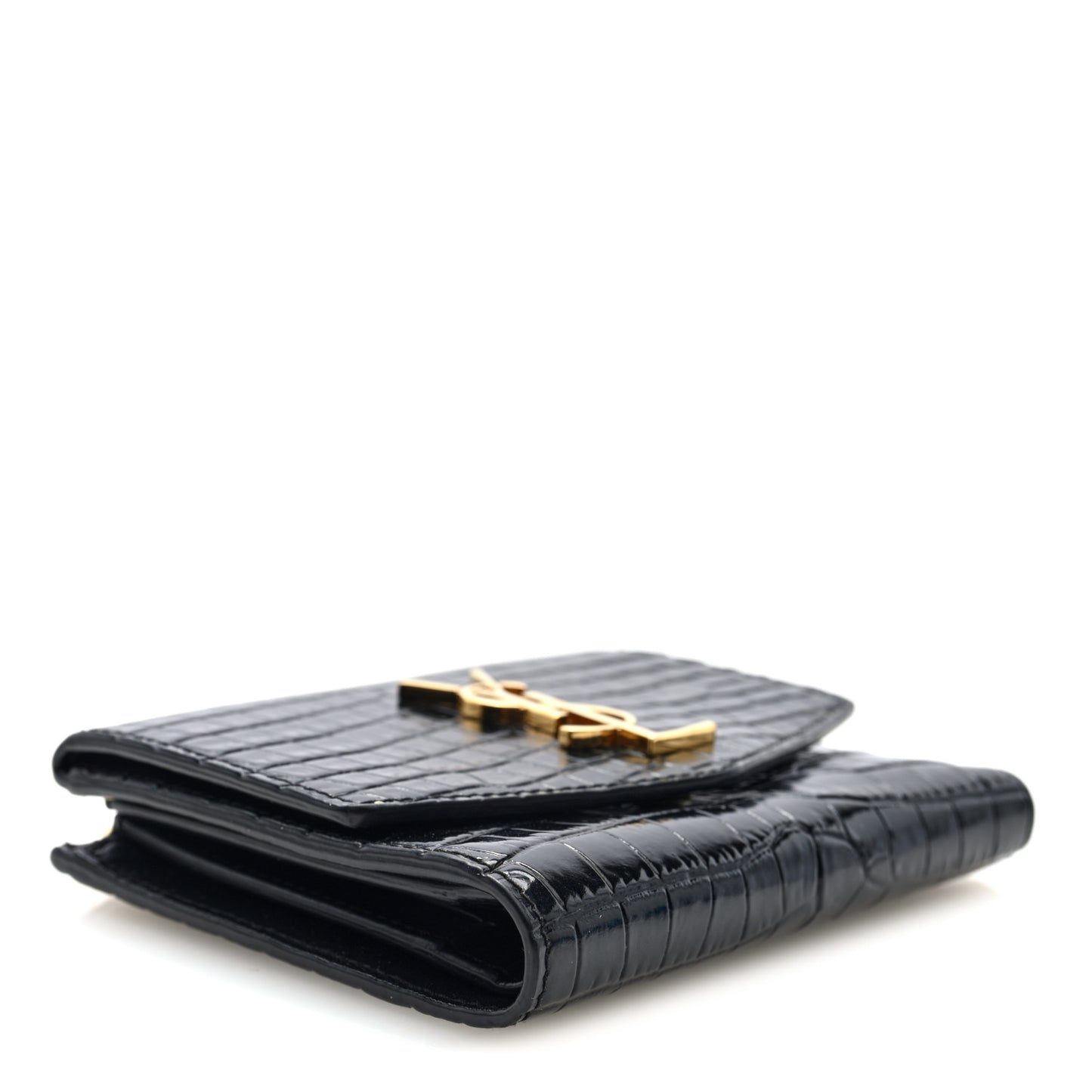 Shiny Calfskin Crocodile Embossed Monogram Uptown Compact Wallet Black