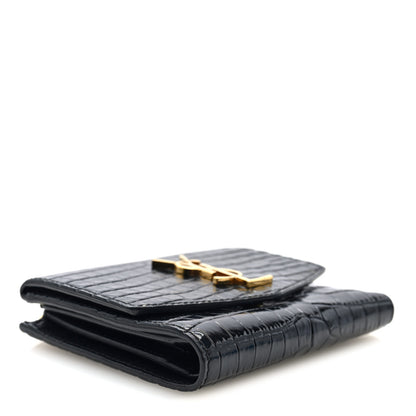 Saint Laurent Shiny Calfskin Crocodile Embossed Monogram Uptown Compact Wallet Black 4 of 7