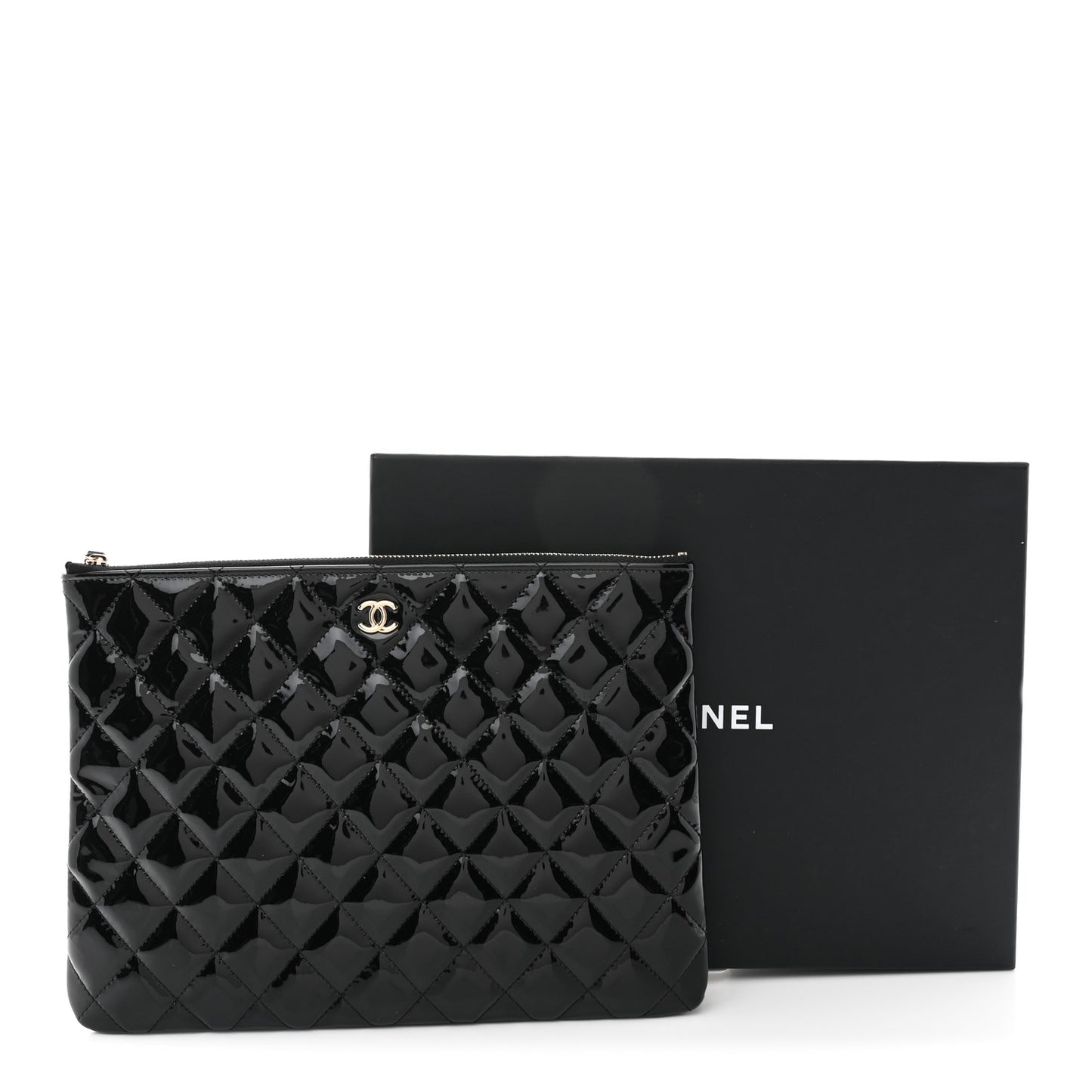 Patent Calfskin Quilted Medium Cosmetic Case Black