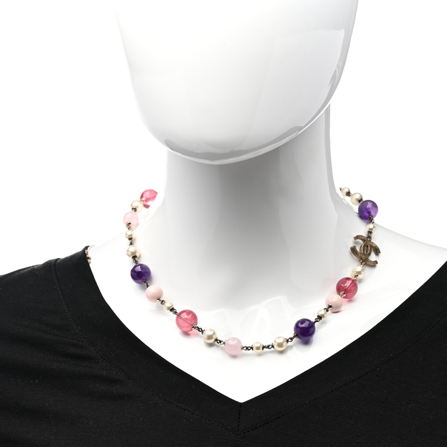 Pearl Bead CC Necklace Pink Purple Gold