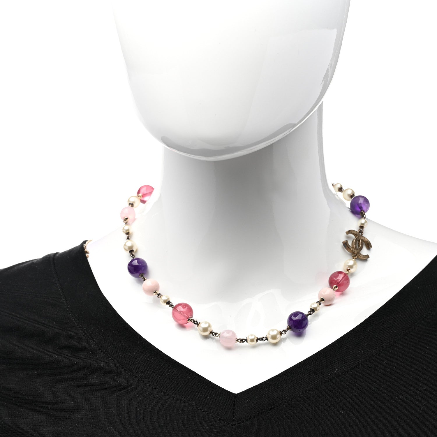 Chanel Pearl Bead CC Necklace Pink Purple Gold 2 of 5