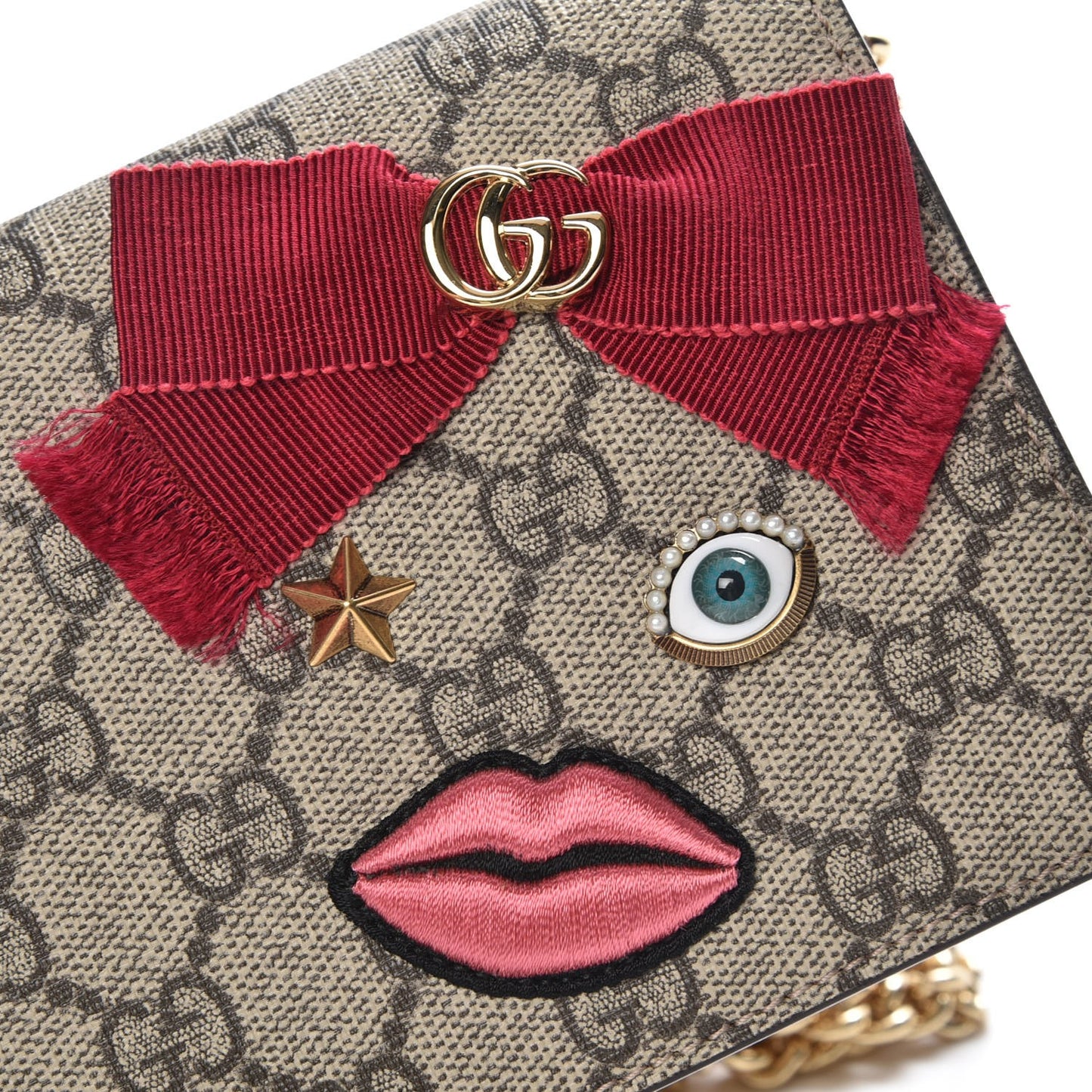 GG Supreme Monogram Face Embroidered Chain Wallet Pink