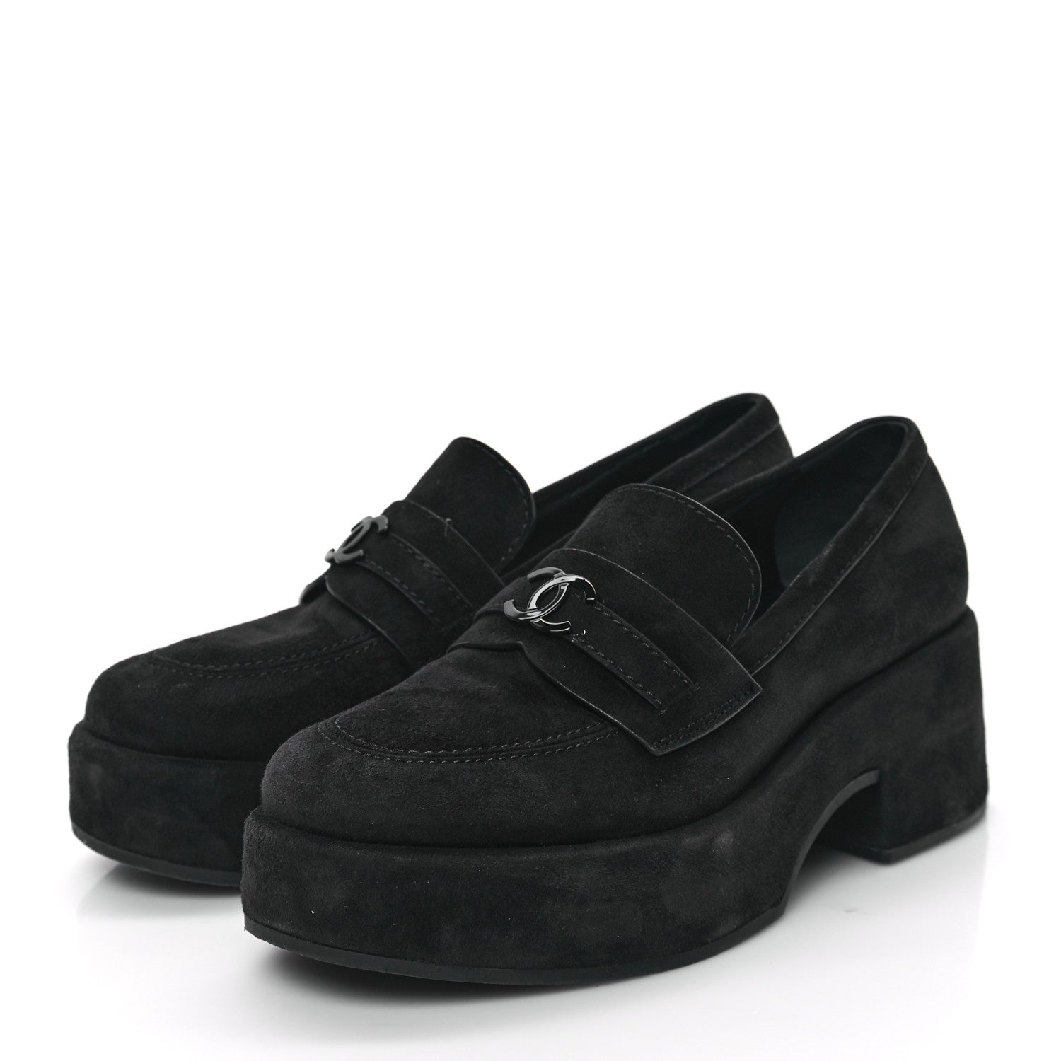 Chanel Suede CC Platform Loafers 36.5 Black 3 of 8