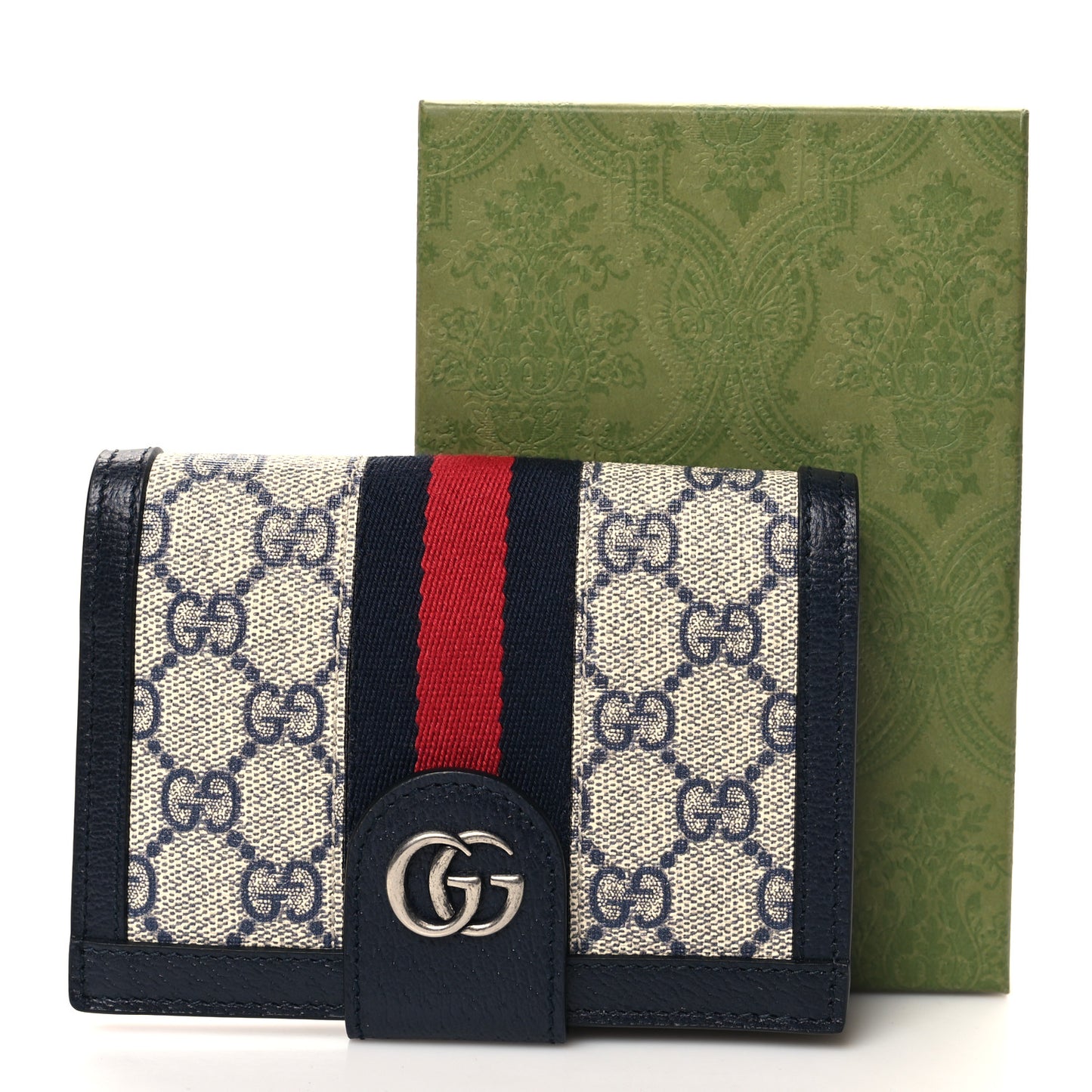 GG Supreme Monogram Textured Dollar Calfskin Web Ophidia Passport Case Beige Blue