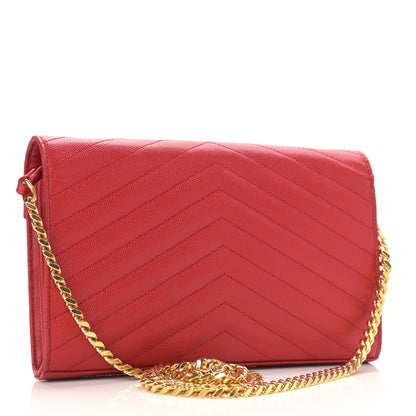 Saint Laurent Grain De Poudre Matelasse Chevron Monogram Chain Wallet Red 3 of 12
