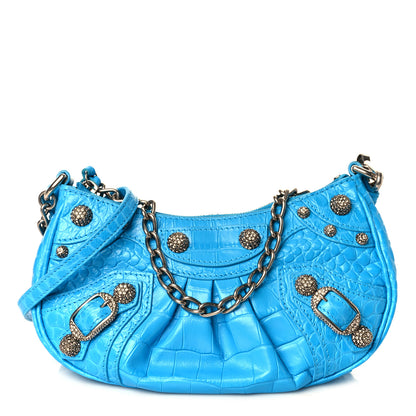 Balenciaga Extra Supple Calfskin Crocodile Embossed Crystal Mini Le Cagole Purse With Chain Cyan 1 of 9