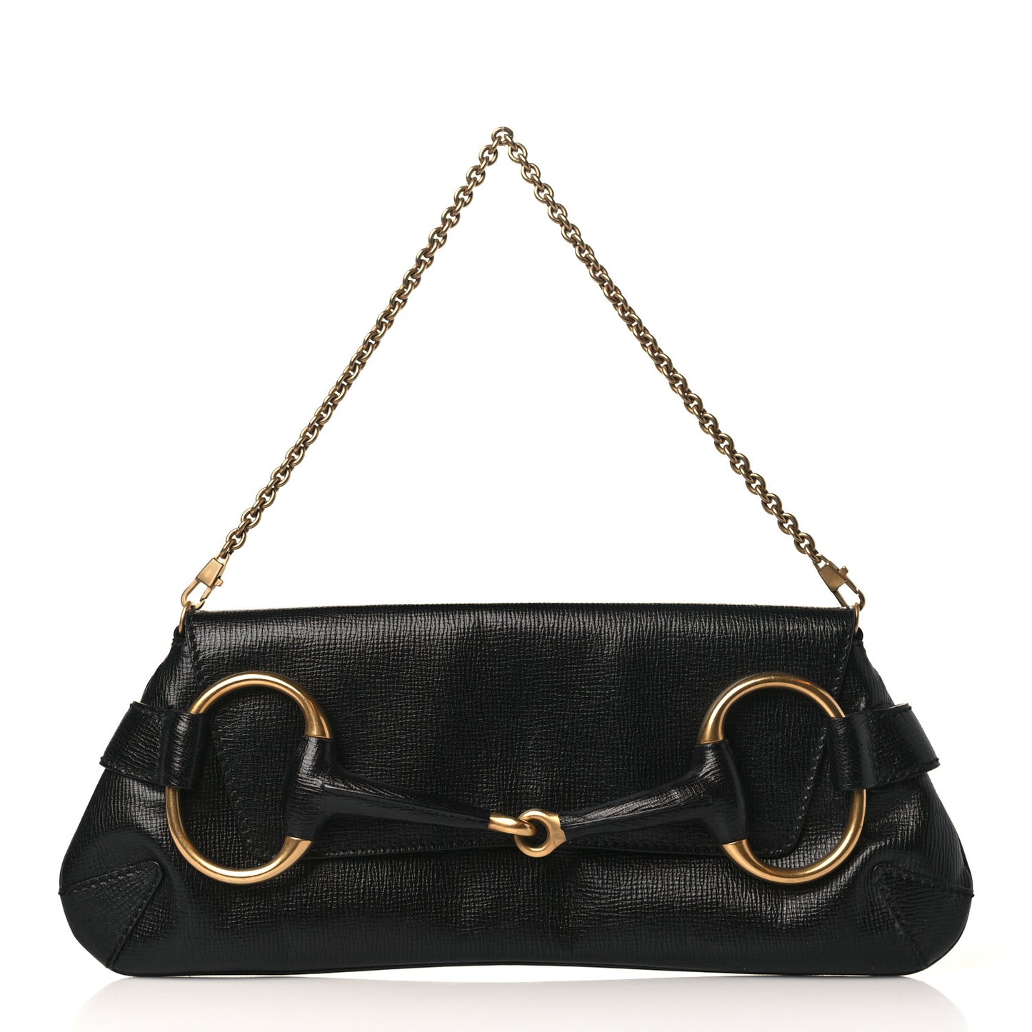 Textured Calfskin Horsebit Chain Clutch Black