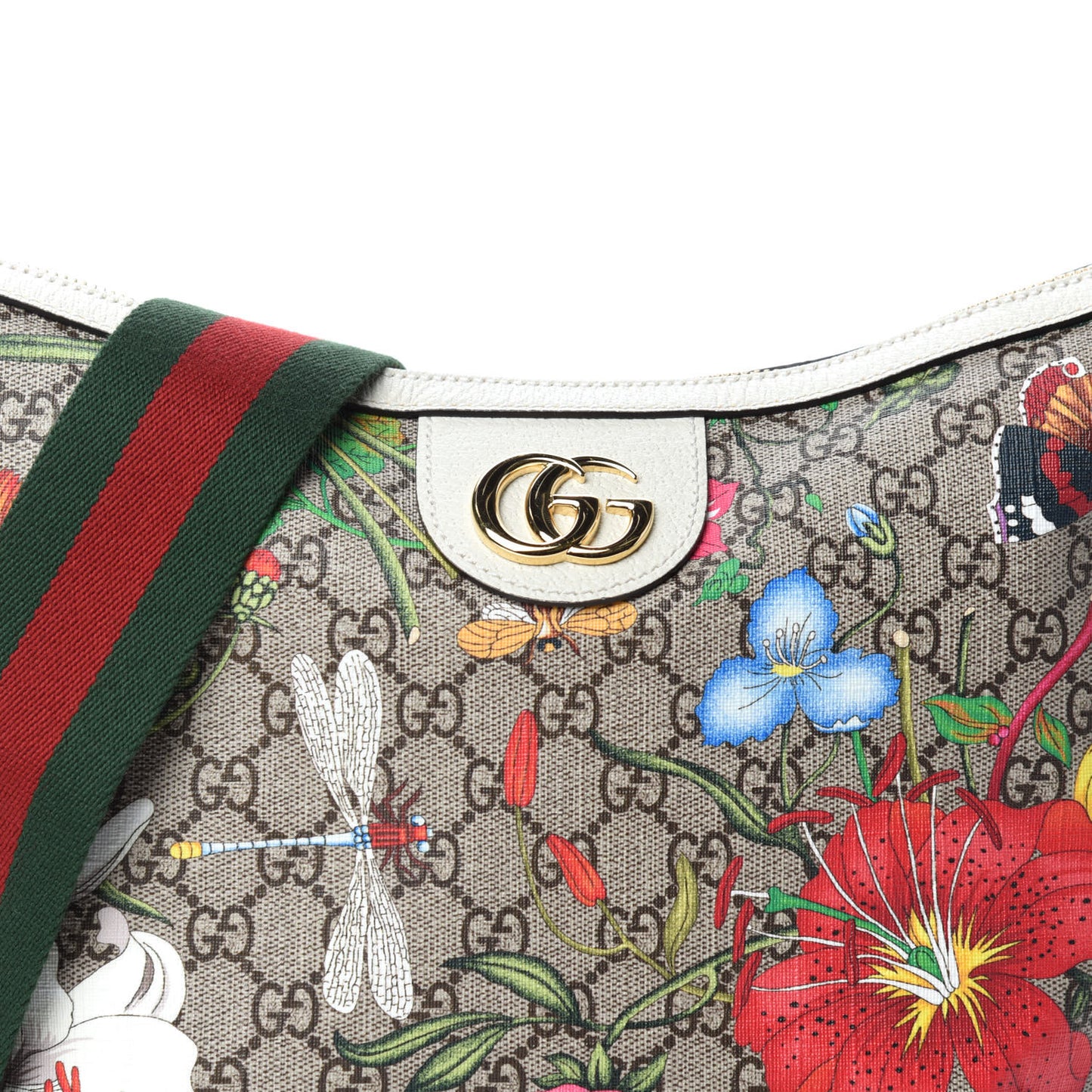 GG Supreme Monogram Flora Web Small Ophidia Half Moon Hobo White