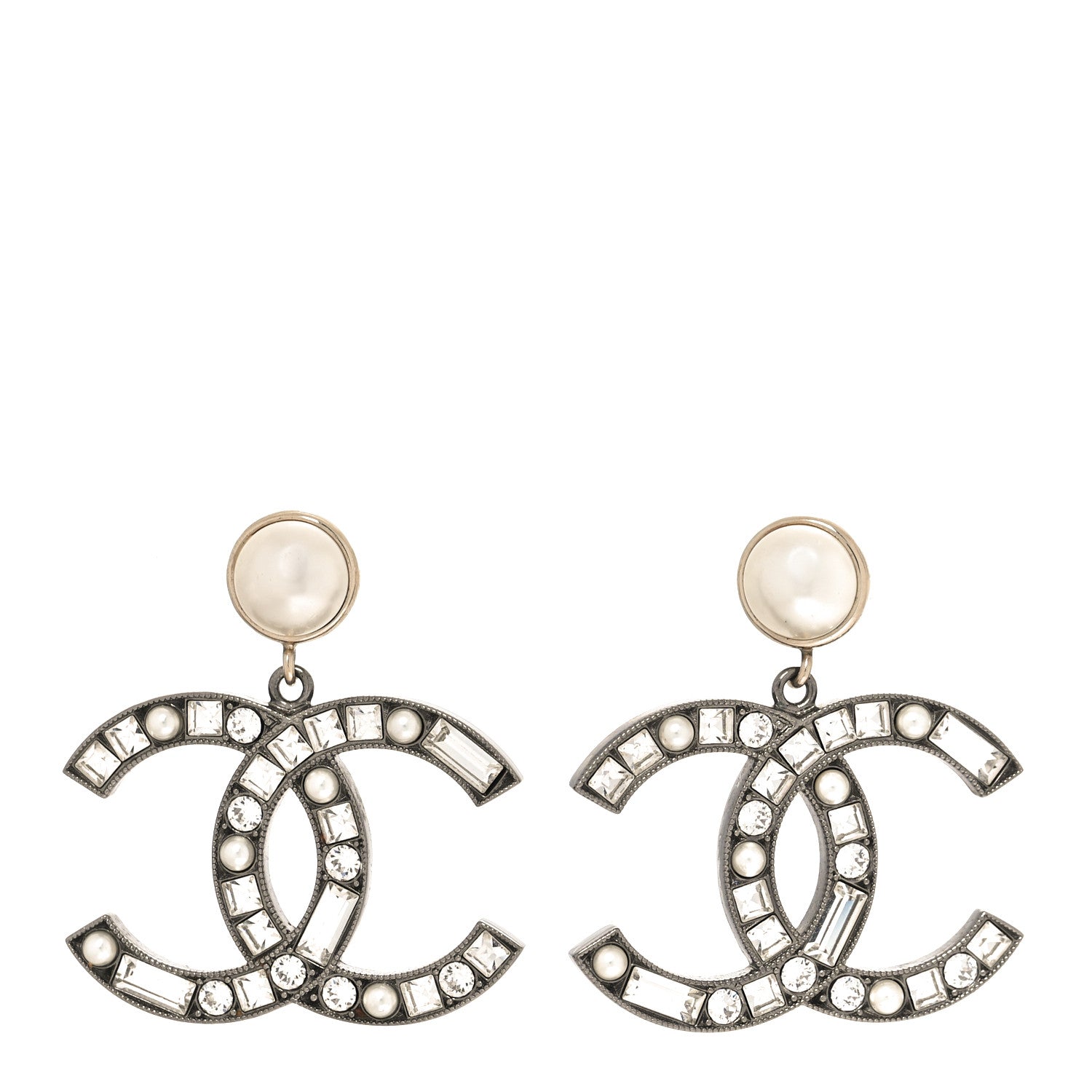 Chanel Crystal Pearl CC Drop Earrings Gold Silver 1 of 4