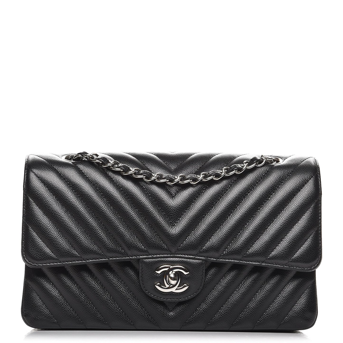 Caviar Chevron Quilted Medium Double Flap Black