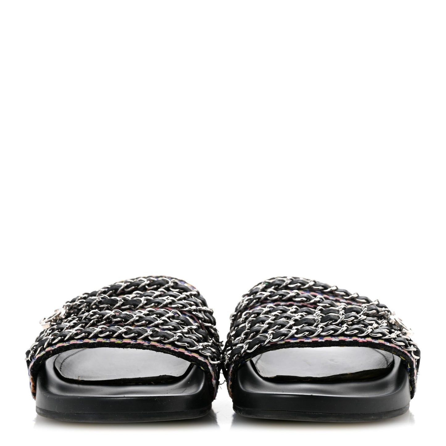 Satin Canvas Chain Slides Sandals Flats 37.5 Marine