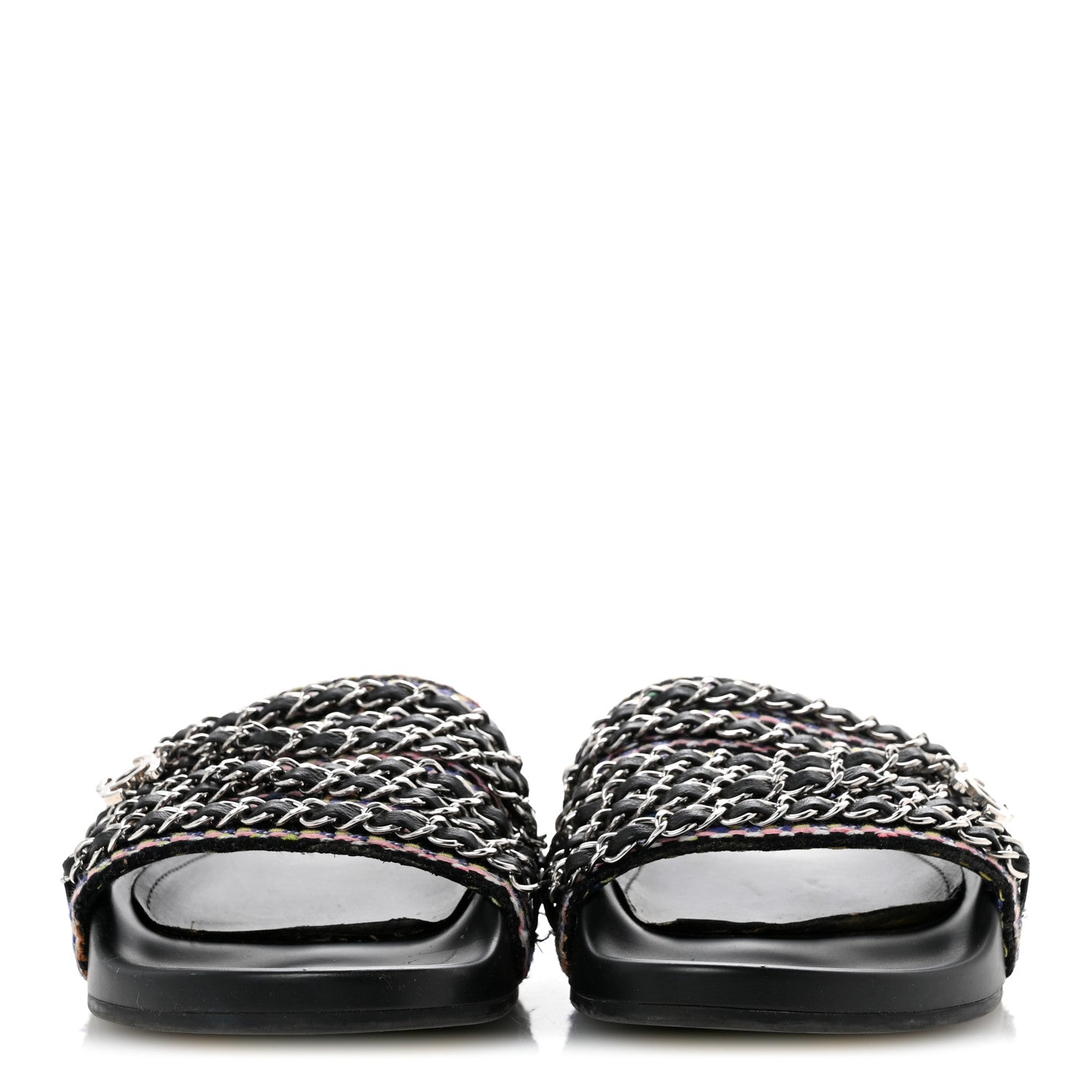 Chanel Satin Canvas Chain Slides Sandals Flats 37.5 Marine 3 of 12