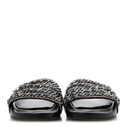 Chanel Satin Canvas Chain Slides Sandals Flats 37.5 Marine 3 of 12
