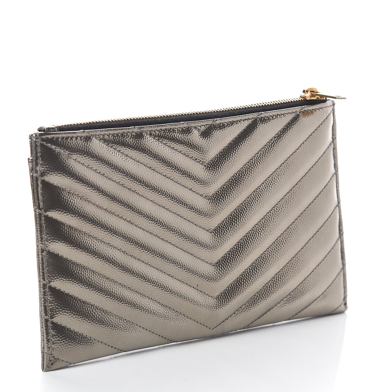 Saint Laurent Metallic Grain De Poudre Matelasse Chevron Monogram Bill Pouch Piombo 2 of 6