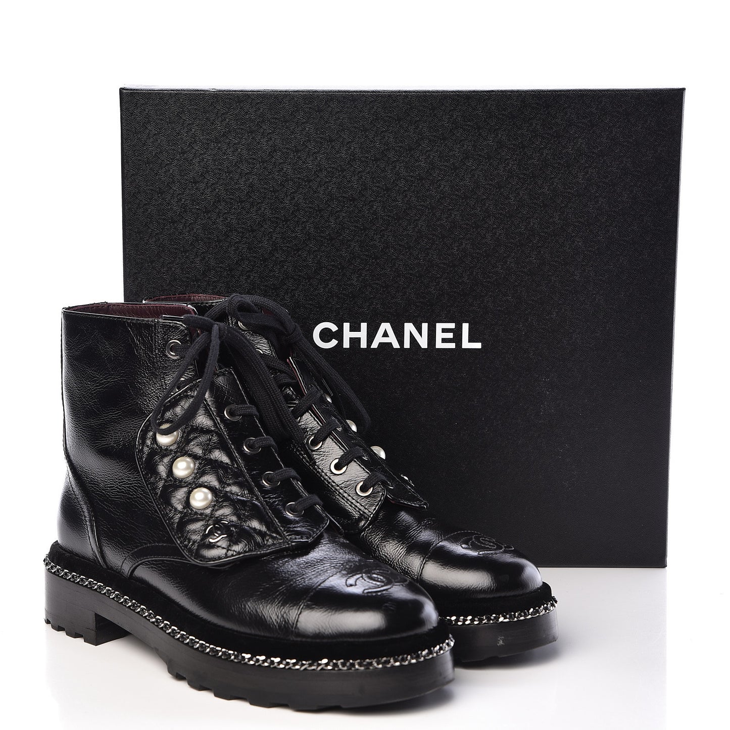 Crackled Calfskin Velvet Pearl Combat Short Boots 38 Black