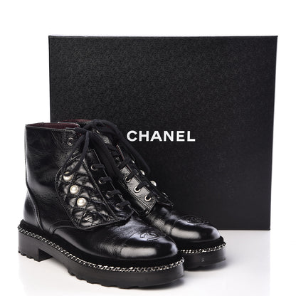 Chanel Crackled Calfskin Velvet Pearl Combat Short Boots 38 Black 9 of 9
