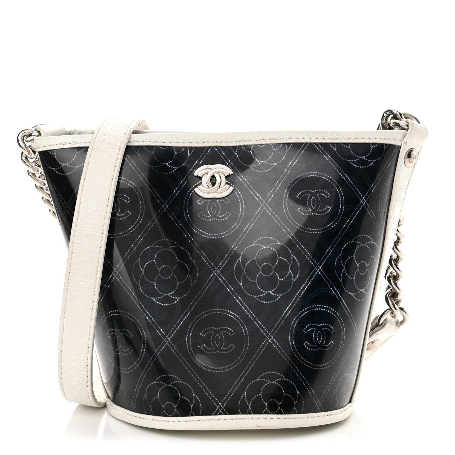 Chanel Crumpled Calfskin PVC Camellia Coco Bucket Bag Black White 1 of 13