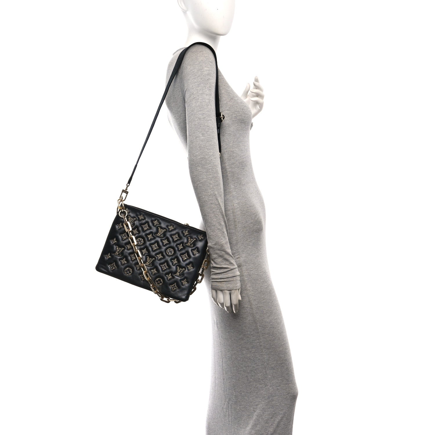 Louis Vuitton Lambskin Embossed Tweed Monogram Coussin PM Black 2 of 12