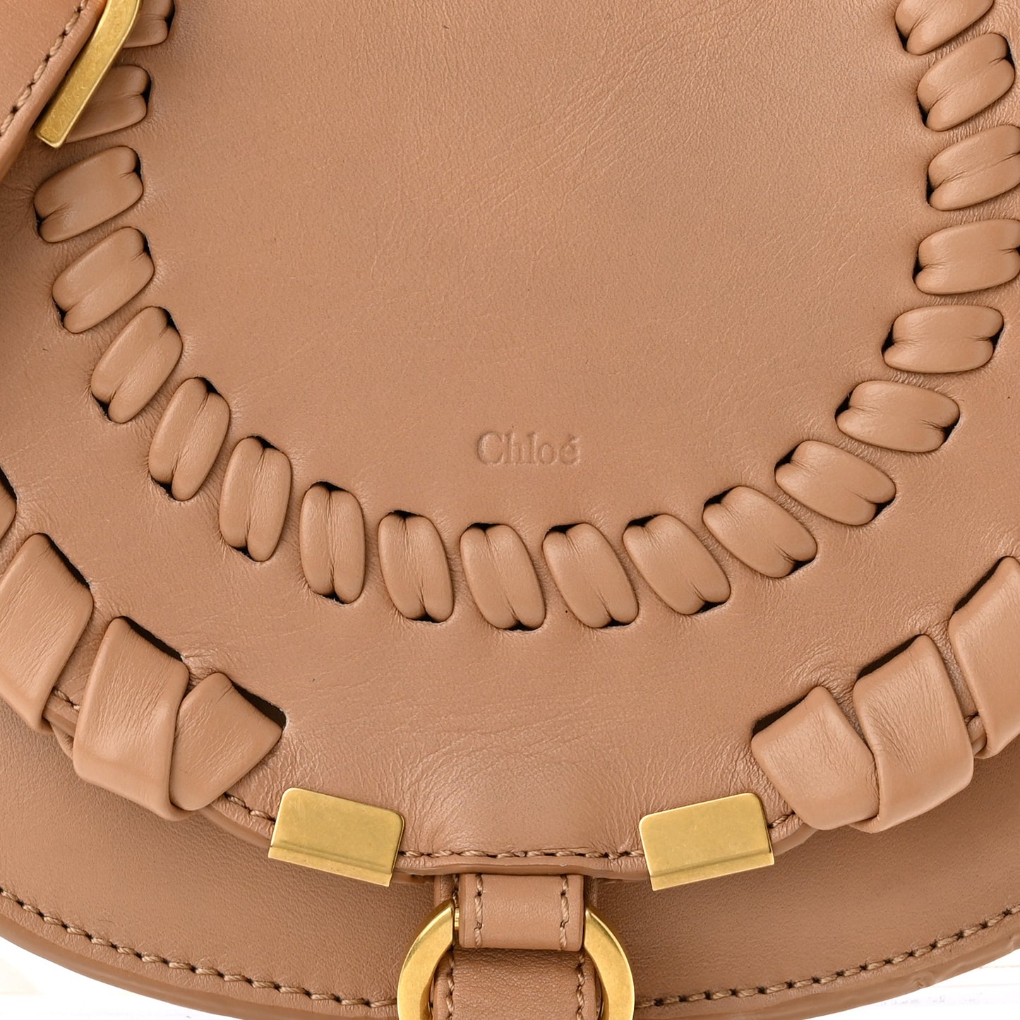 Calfskin Whipstitch Mini Marcie Round Crossbody Bag Light Tan