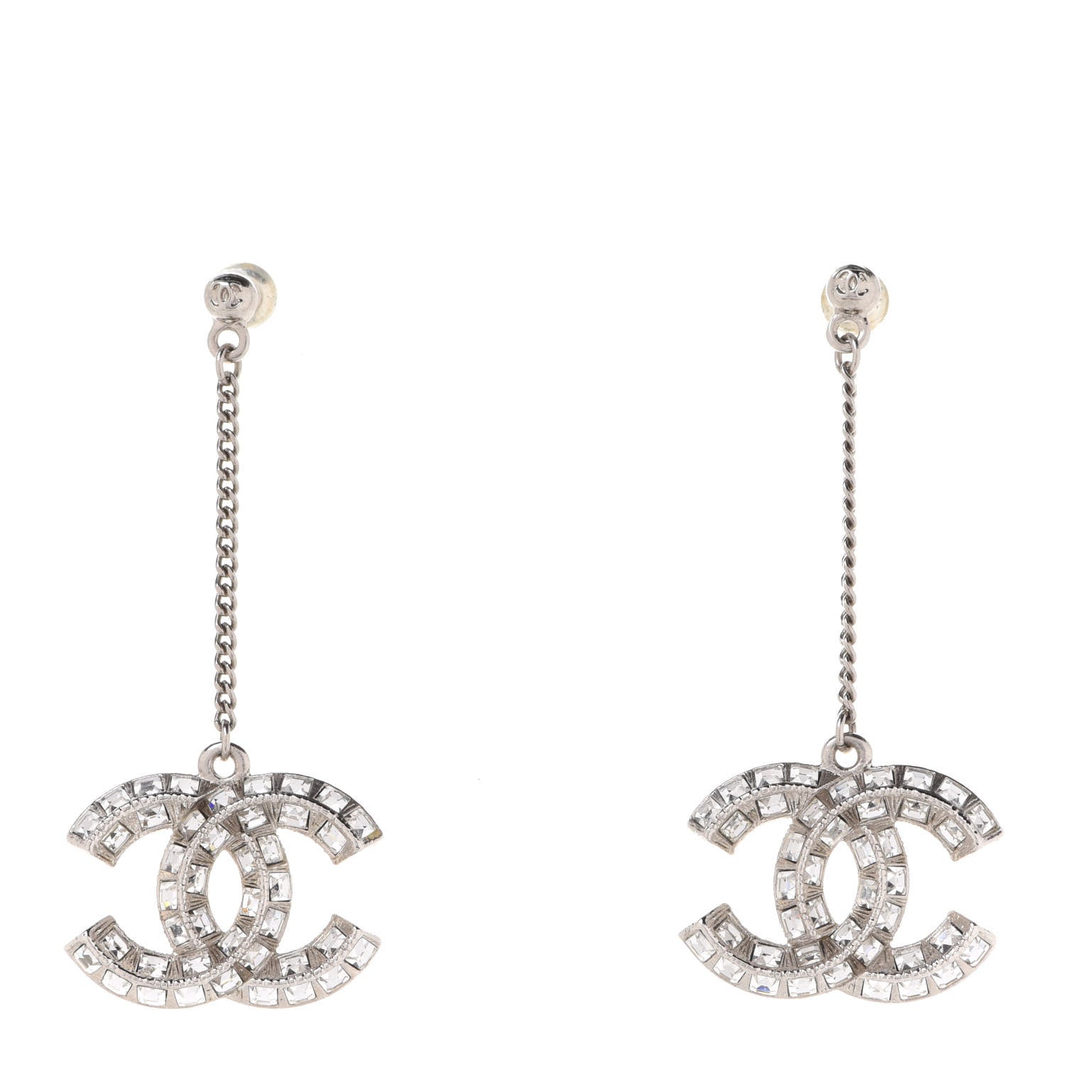 Chanel Baguette Crystal CC Drop Earrings Silver 1 of 5