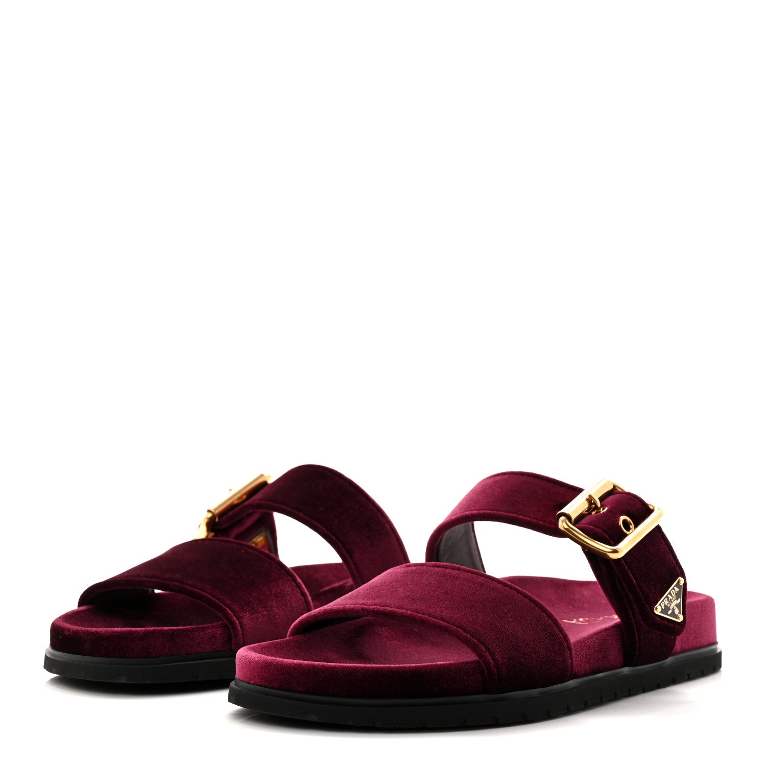 Prada Velvet Metal Triangle Logo Womens Double Buckle 20mm Slide Sandals 37.5 Bordeaux 3 of 10