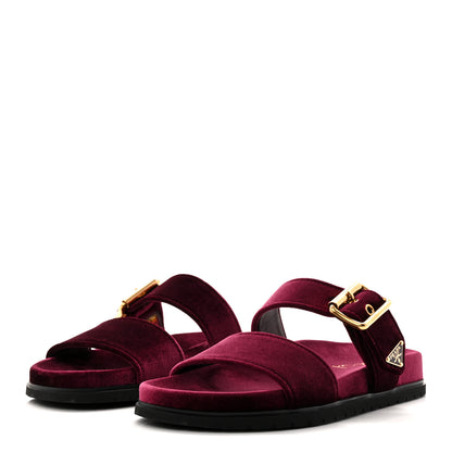 Prada Velvet Metal Triangle Logo Womens Double Buckle 20mm Slide Sandals 37.5 Bordeaux 3 of 10