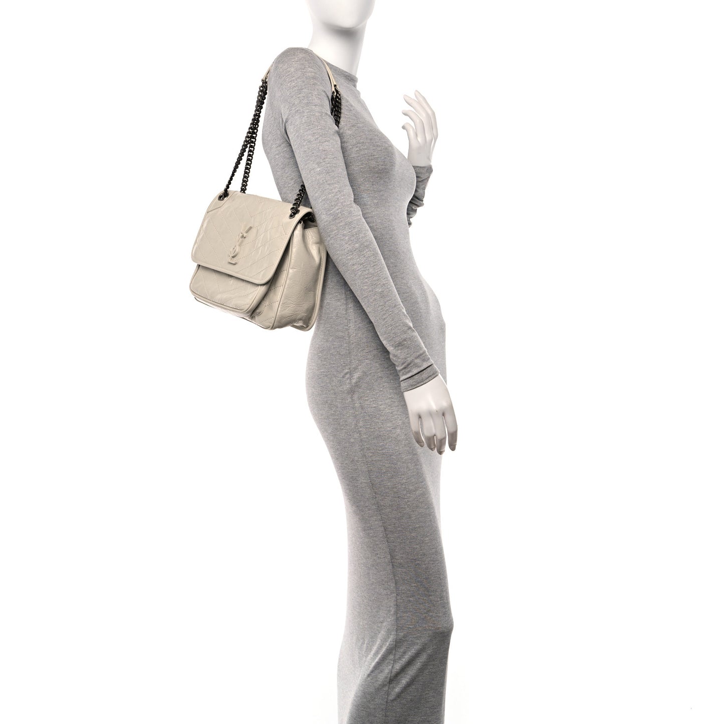 Crinkled Calfskin Matelasse Monogram Medium Niki Chain Satchel Crema Soft