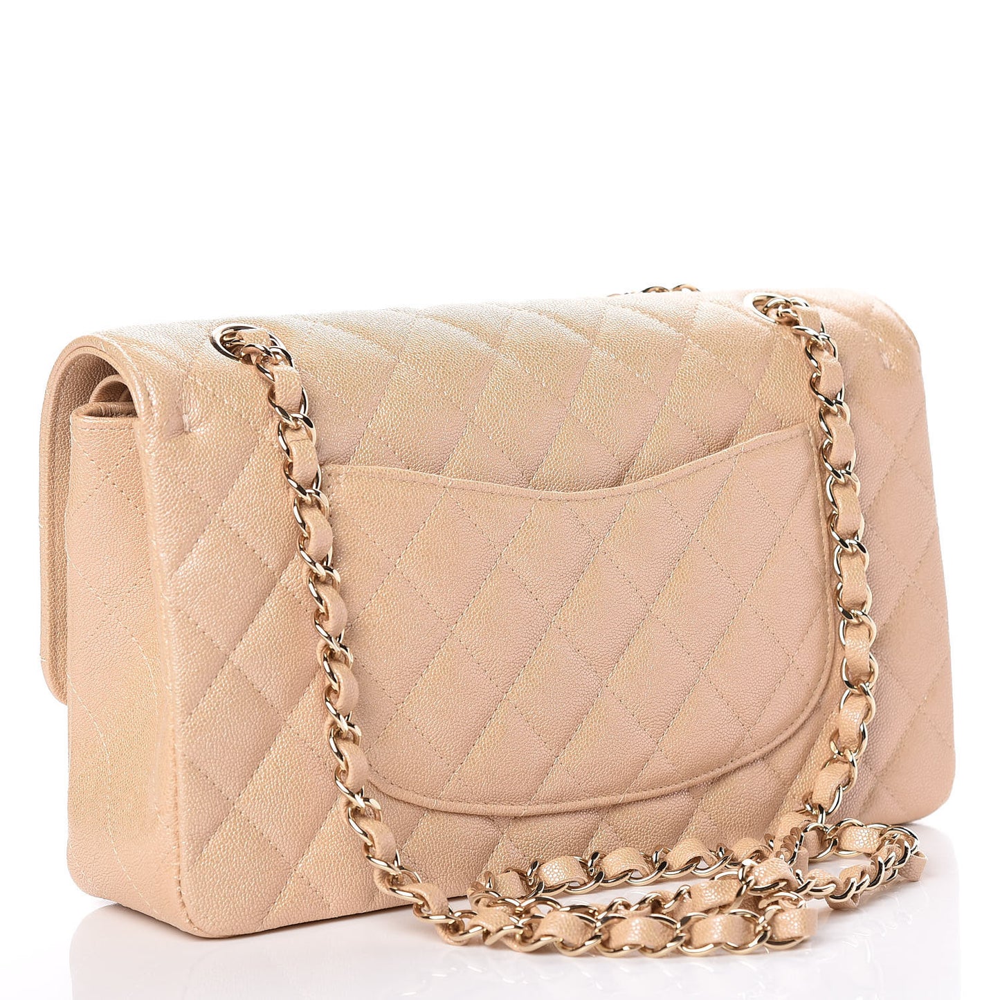 Iridescent Caviar Quilted Medium Double Flap Beige