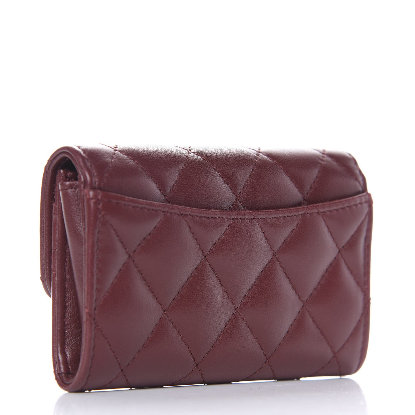 Lambskin Quilted Flap Card Holder Wallet Burgundy